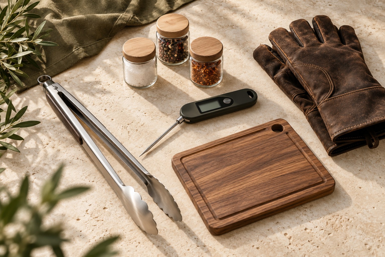 Live fire cooking tools arranged on a bench