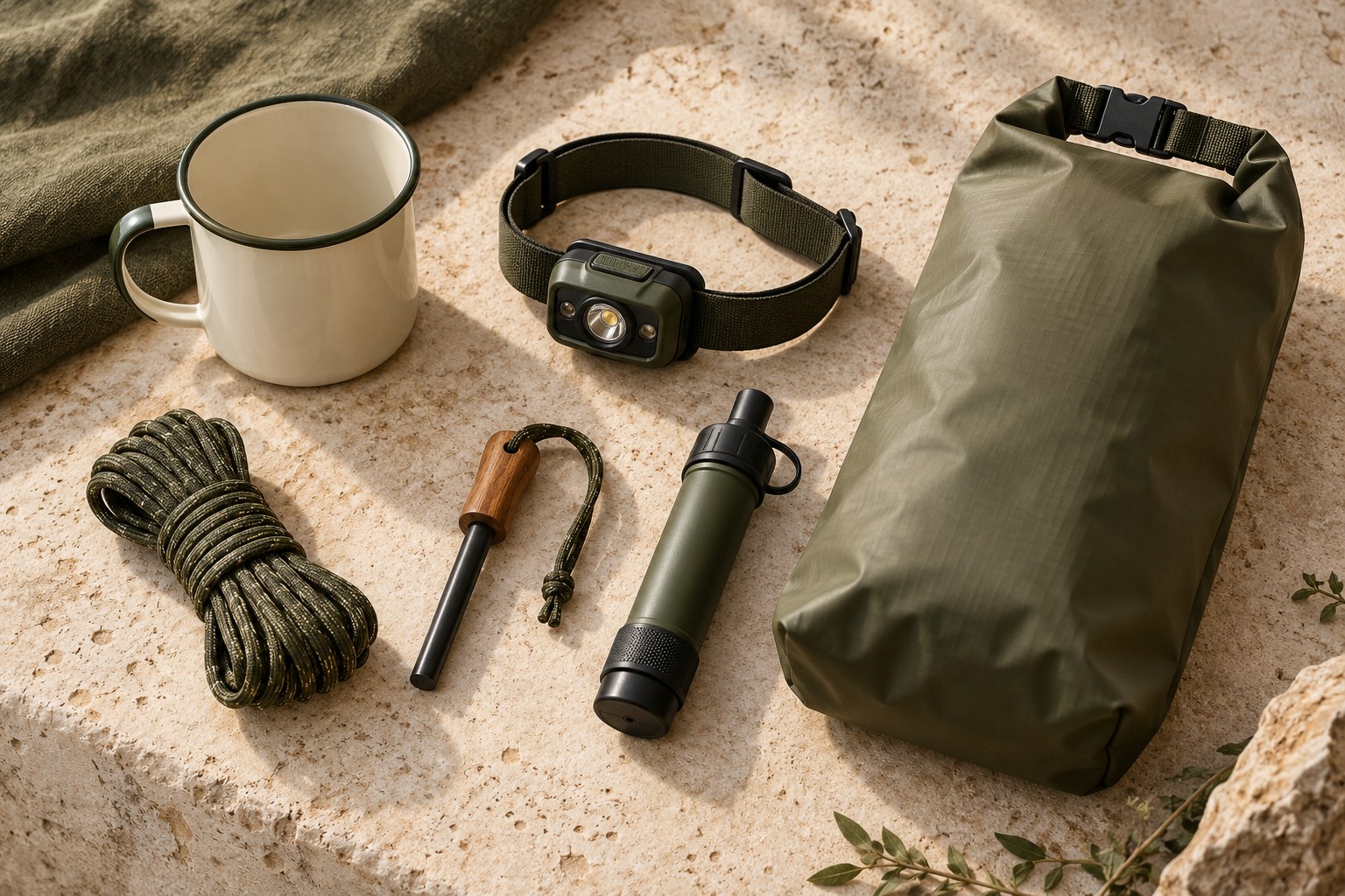 Camping and outdoor gear arranged on a bench