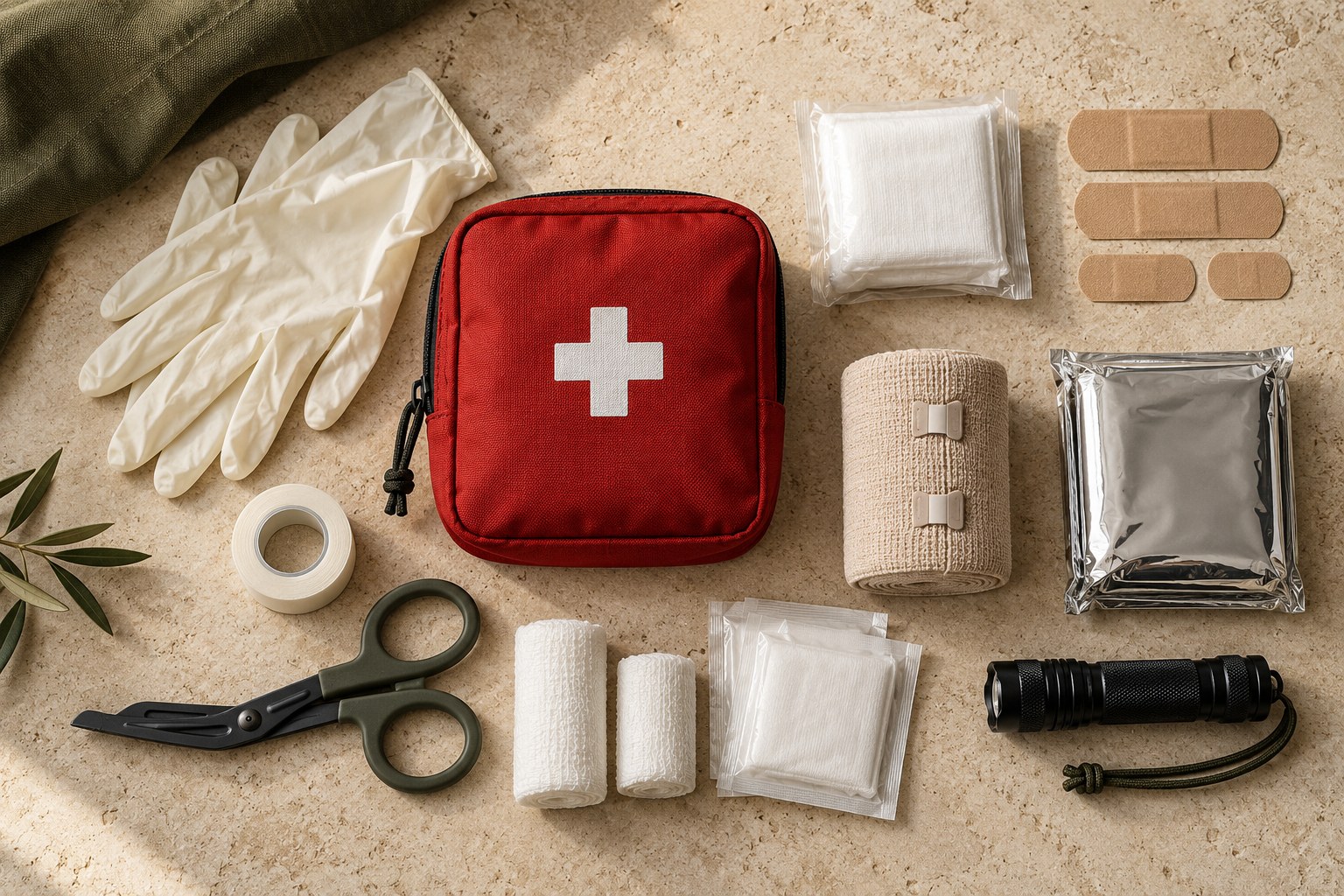 First aid gear arranged on a bench