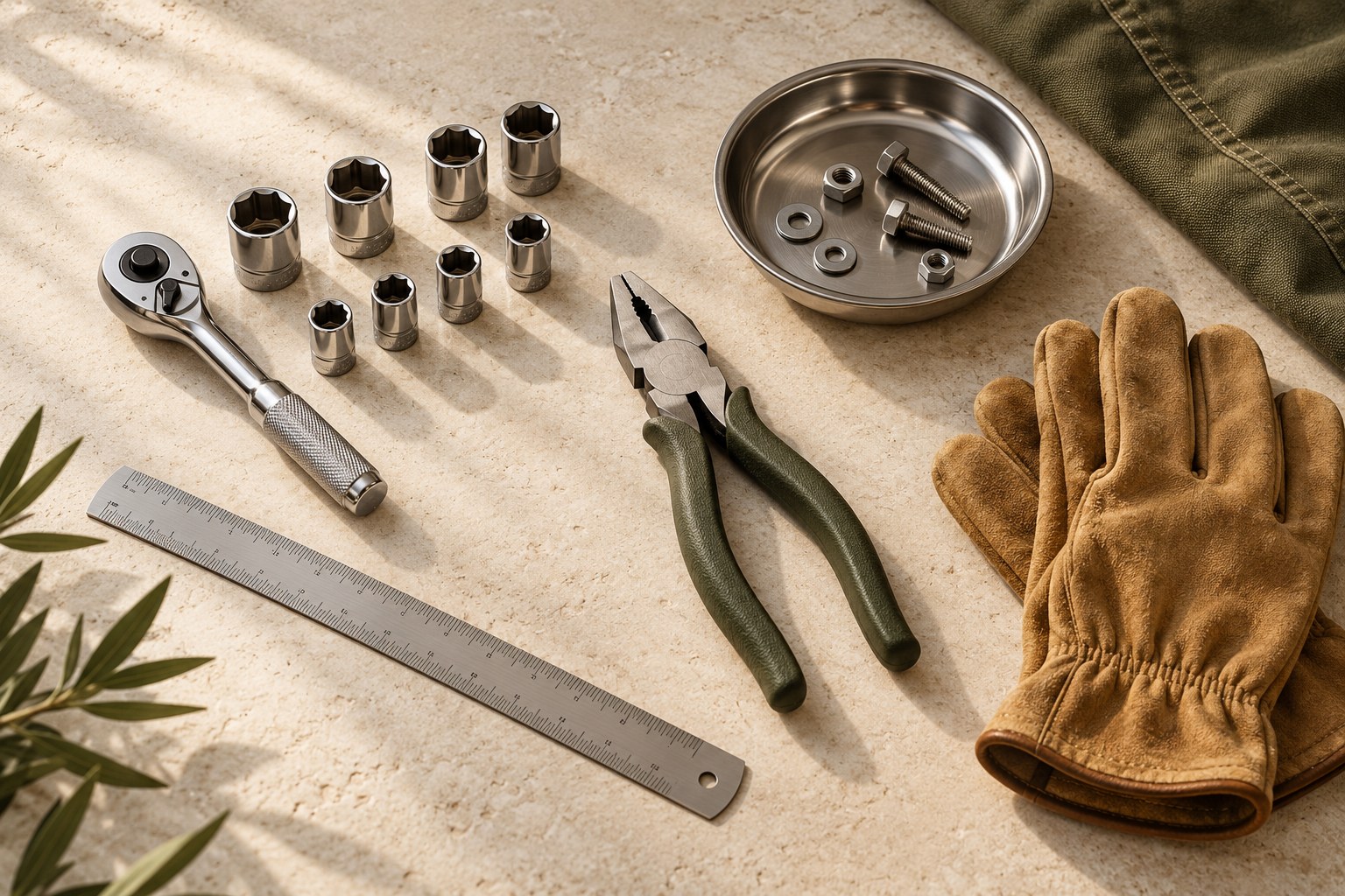 Workshop tools arranged on a bench